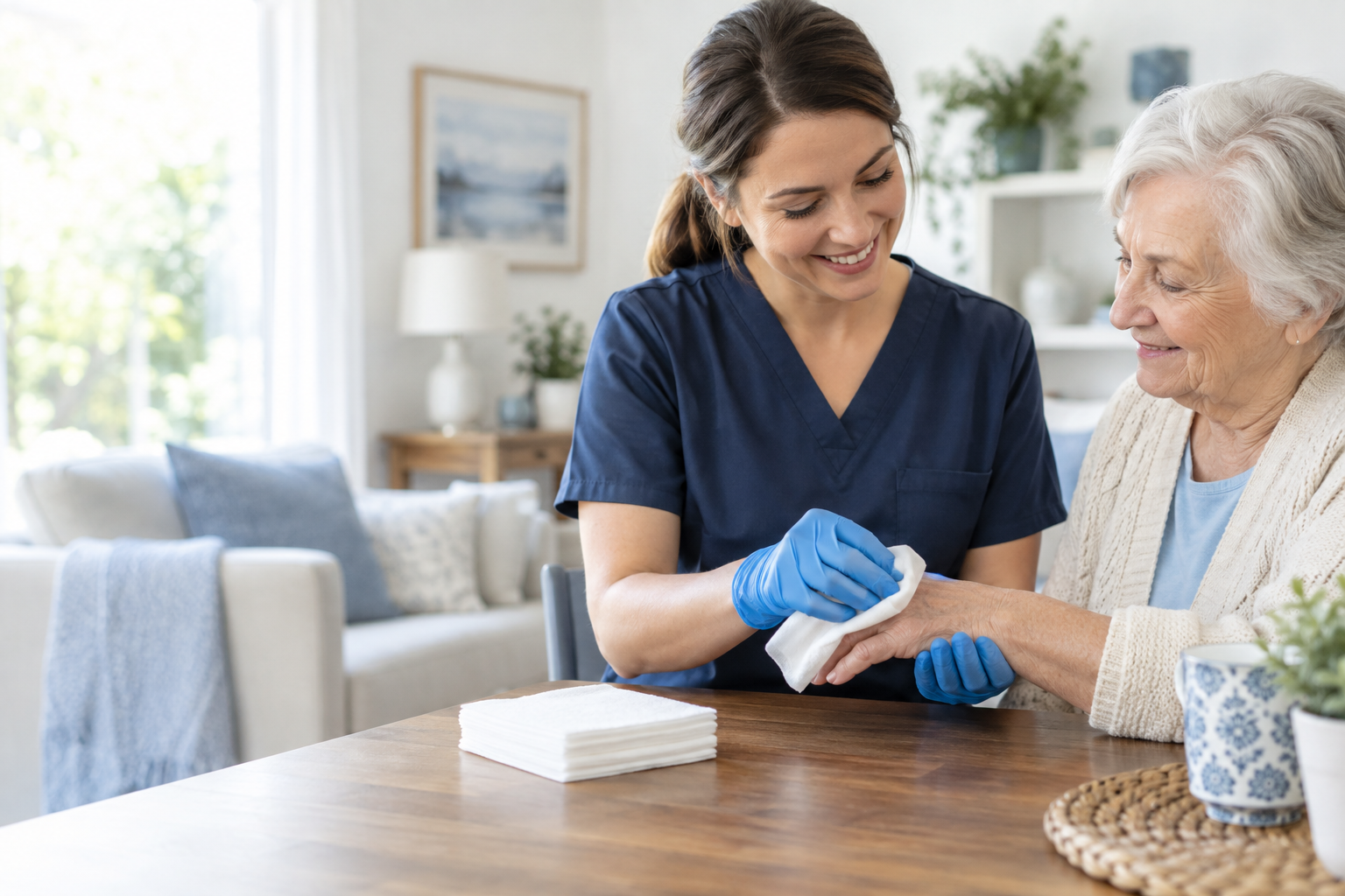 Illustrative scene of a caregiver assisting an older adult
