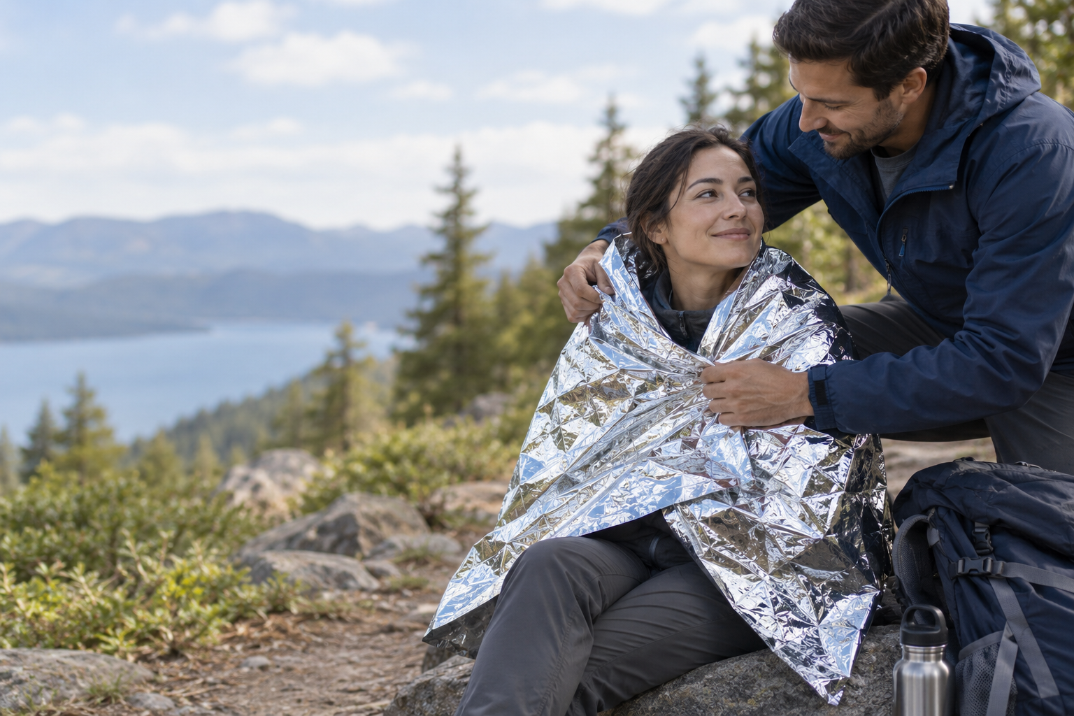 Illustrative scene: A hiker using a reflective emergency blanket