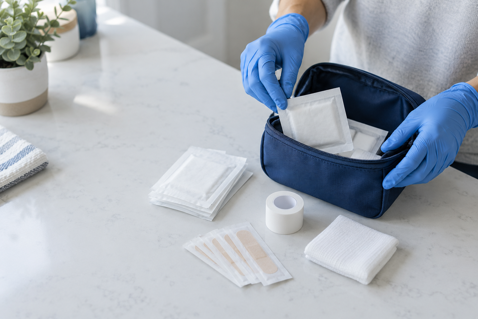 Illustrative scene: Gloved hands preparing first-aid supplies